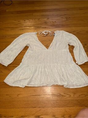 blue island White Eyelet Peasant Blouse with Tie Back
